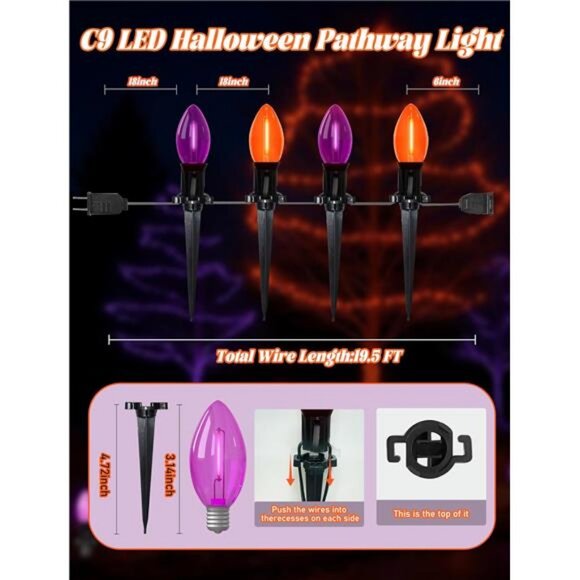 Halloween Pathway Lights, 10 Pack C9 LED Stake Lights with Purple & Orange - Picture 2 of 8